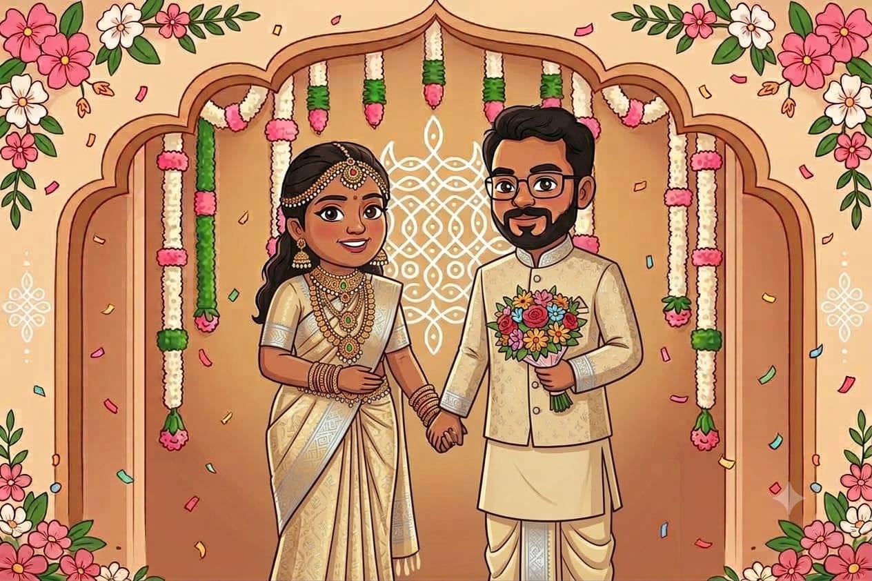 Illustration of Pavithra and Shadhurshan holding hands under a floral arch